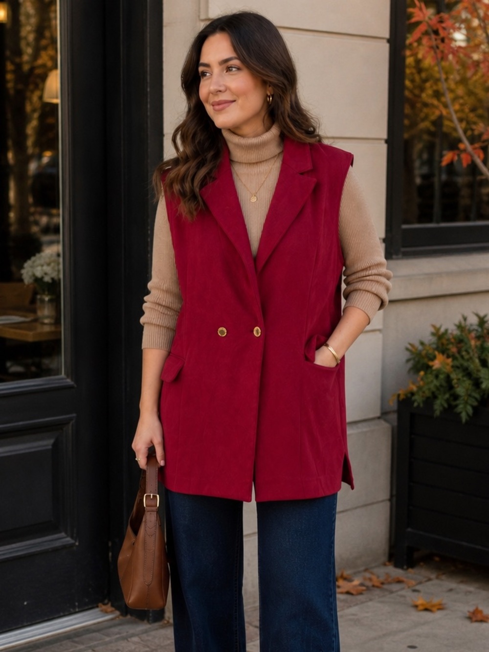 Marc New York Red Longline Sleeveless Blazer Faux Suede Large